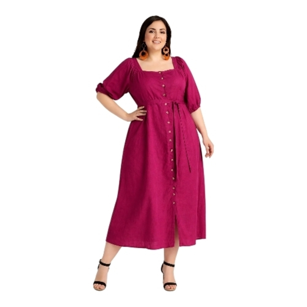 Ashley Stewart Magenta Button-Front Midi Dress with Tie Waist